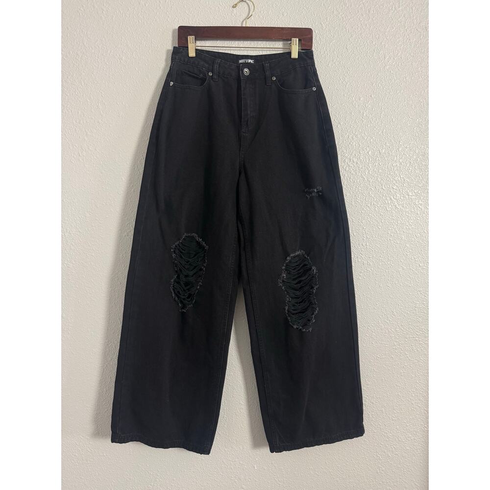 Hot Topic Black Distressed Wide Leg Jeans Ripped Grunge Goth‎ Y2K 5